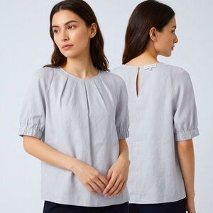 Theory Luxe Cally Eco Linen Grey Pleated Top with Gathered Sleeves NWOT Size 38